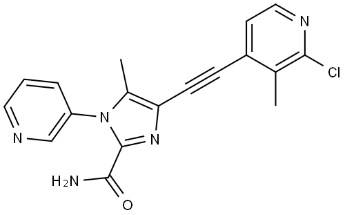 1H-Imidazole-2-carboxamide, 4-[2-(2-chloro-3-methyl-4-pyridinyl)ethynyl]-5-methyl-1-(3-pyridinyl)- Struktur