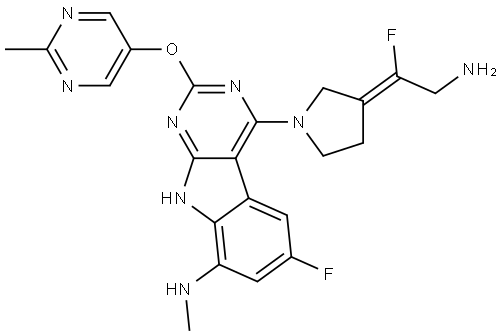 9H-Pyrimido[4,5-b]indol-8-amine, 4-[(3Z)-3-(2-amino-1-fluoroethylidene)-1-pyrrolidinyl]-6-fluoro-N-methyl-2-[(2-methyl-5-pyrimidinyl)oxy]- Struktur