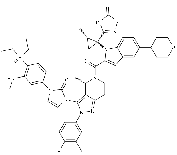 1,2,4-Oxadiazol-5(2H)-one, 3-[(1S,2S)-1-[2-[[(4S)-3-[3-[4-(diethylphosphinyl)-3-(methylamino)phenyl]-2,3-dihydro-2-oxo-1H-imidazol-1-yl]-2-(4-fluoro-3,5-dimethylphenyl)-2,4,6,7-tetrahydro-4-methyl-5H-pyrazolo[4,3-c]pyridin-5-yl]carbonyl]-5-(tetrahydro-2H-pyran-4-yl)-1H-indol-1-yl]-2-methylcyclopropyl]- Struktur