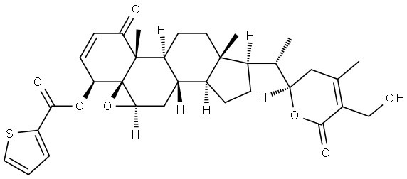 Ergosta-2,24-dien-26-oic acid, 5,6-epoxy-22,27-dihydroxy-1-oxo-4-[(2-thienylcarbonyl)oxy]-, δ-lactone, (4β,5β,6β,22R)- Struktur