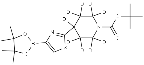 tert-butyl 4-(4-(4,4,5,5-tetramethyl-1,3,2-dioxaborolan-2-yl)thiazol-2-yl)piperidine-1-carboxylate-2,2,3,3,4,5,5,6,6-d9 Struktur