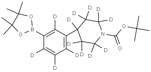 tert-butyl 4-(3-(4,4,5,5-tetramethyl-1,3,2-dioxaborolan-2-yl)phenyl-2,4,5,6-d4)piperidine-1-carboxylate-2,2,3,3,4,5,5,6,6-d9 Struktur