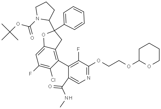 tert-butyl (2S)-2-((2S)-5-chloro-6-fluoro-4-(3-fluoro-5-(methylcarbamoyl)-2-(2-((tetrahydro-2H-pyran-2-yl)oxy)ethoxy)pyridin-4-yl)-2-phenyl-2,3-dihydrobenzofuran-2-yl)pyrrolidine-1-carboxylate Struktur