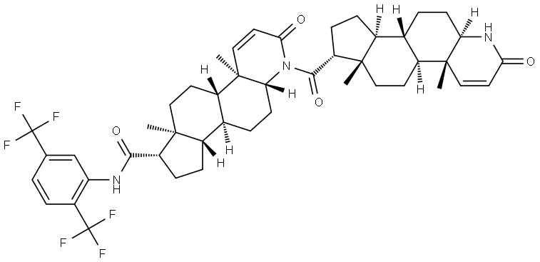 1H-Indeno[5,4-f]quinoline-7-carboxamide, N-[2,5-bis(trifluoromethyl)phenyl]-2,4a,4b,5,6,6a,7,8,9,9a,9b,10,11,11a-tetradecahydro-4a,6a-dimethyl-2-oxo-1-[[(4aR,4bS,6aS,7R,9aS,9bS,11aR)-2,4a,4b,5,6,6a,7,8,9,9a,9b,10,11,11a-tetradecahydro-4a,6a-dimethyl-2-oxo-1H-indeno[5,4-f]quinolin-7-yl]carbonyl]-, (4aR,4bS,6aS,7S,9aS,9bS,11aR)-rel- Struktur