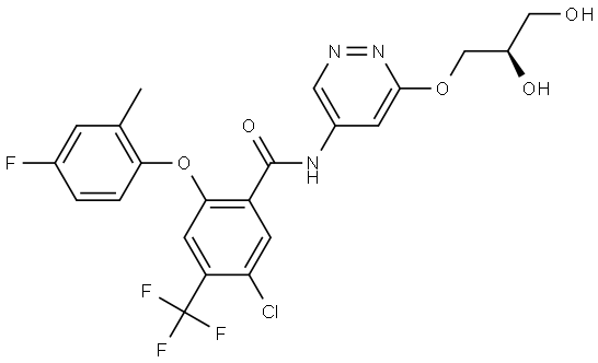 Benzamide, 5-chloro-N-[6-[(2R)-2,3-dihydroxypropoxy]-4-pyridazinyl]-2-(4-fluoro-2-methylphenoxy)-4-(trifluoromethyl)- Struktur