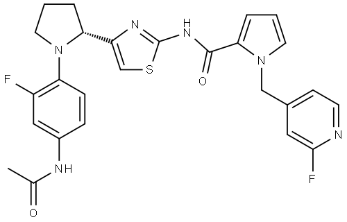 N-[4-[(2R)-1-(4-acetamido-2-fluoro-phenyl)pyrrolidin-2-yl]thiazol-2-yl]-1-[(2-fluoro-4-pyridyl)methyl]pyrrole-2-carboxamide Struktur