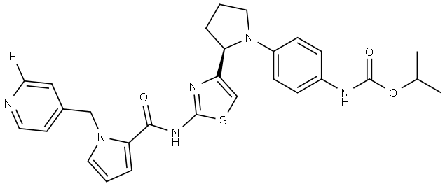 isopropyl N-[4-[(2R)-2-[2-[[1-[(2-fluoro-4-pyridyl)methyl]pyrrole-2-carbonyl]amino]thiazol-4-yl]pyrrolidin-1-yl]phenyl]carbamate Struktur