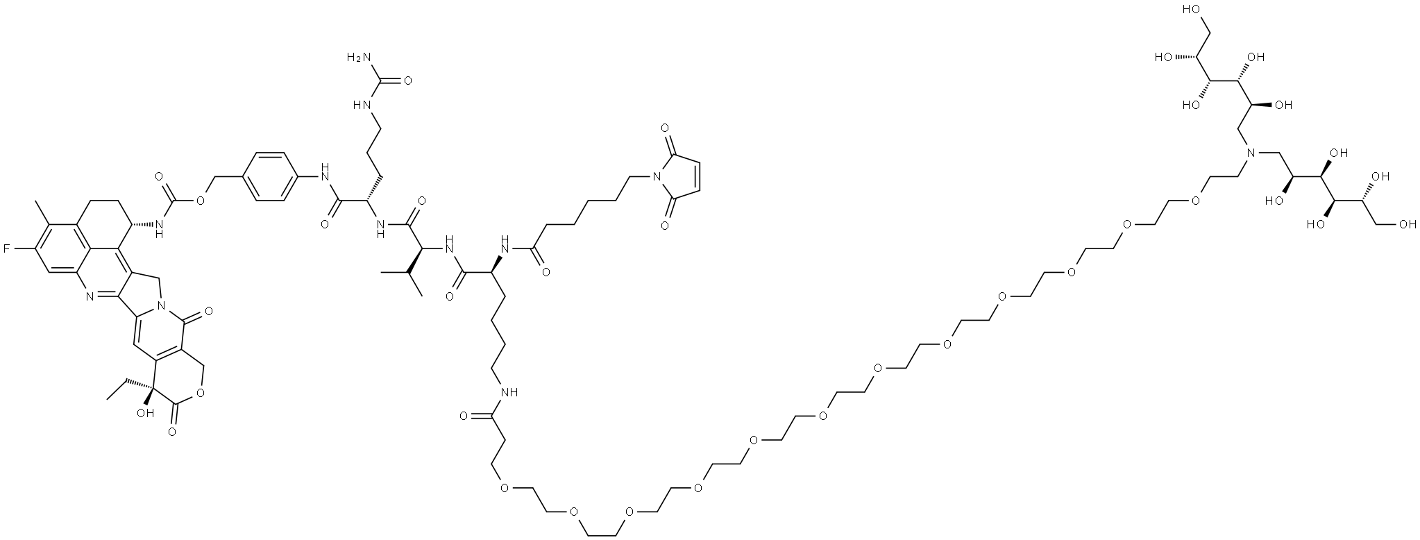 L-Ornithinamide, N6-[39-[bis(1-deoxy-D-glucitol-1-yl)amino]-1-oxo-4,7,10,13,16,19,22,25,28,31,34,37-dodecaoxanonatriacont-1-yl]-N2-[6-(2,5-dihydro-2,5-dioxo-1H-pyrrol-1-yl)-1-oxohexyl]-L-lysyl-L-valyl-N5-(aminocarbonyl)-N-[4-[[[[[(1S,9S)-9-ethyl-5-fluoro-2,3,9,10,13,15-hexahydro-9-hydroxy-4-methyl-1... Struktur