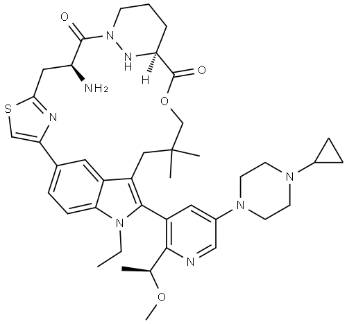 17H-5,3-([4,2]-endo-Thiazolopropano[1,3]-endo-pyridazinomethanoxypropano)-1H-indole-15,22-dione, 14-amino-2-[5-(4-cyclopropyl-1-piperazinyl)-2-[(1S)-1-methoxyethyl]-3-pyridinyl]-1-ethyl-18,19,20,21-tetrahydro-25,25-dimethyl-, (14S,18S)- Struktur