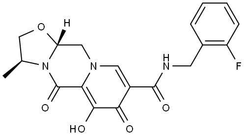 (3S,11aR)-N-(2-fluorobenzyl)-6-hydroxy-3-methyl-5,7-dioxo-2,3,5,7,11,11a-hexahydrooxazolo[3,2-a]pyrido[1,2-d]pyrazine-8-carboxamide Struktur