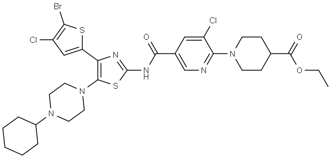 4-Piperidinecarboxylic acid, 1-[5-[[[4-(5-bromo-4-chloro-2-thienyl)-5-(4-cyclohexyl-1-piperazinyl)-2-thiazolyl]amino]carbonyl]-3-chloro-2-pyridinyl]-, ethyl ester Struktur