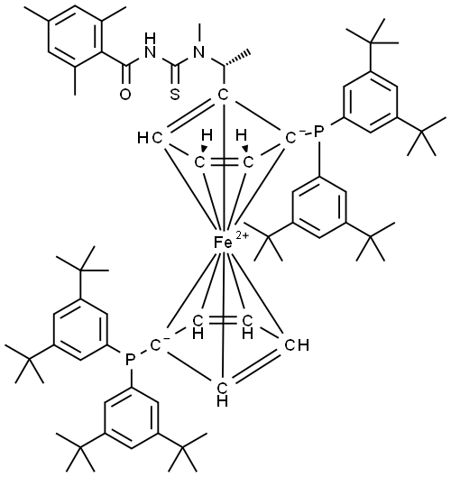 (2R)-1-[(1R)-1-[[[(2,4,6-trimethyl)benzoyl]amino]thioxomethyl] methylamino]ethyl]-1′,2-bis(di(3,5-di-tert-butyl)phenylphosphino)ferrocene Struktur