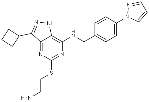 1H-Pyrazolo[4,3-d]pyrimidin-7-amine, 5-[(2-aminoethyl)thio]-3-cyclobutyl-N-[[4-(1H-pyrazol-1-yl)phenyl]methyl]- Struktur