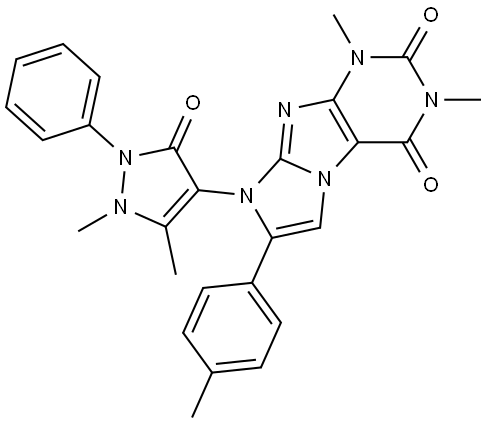 8-(1,5-DIMETHYL-3-OXO-2-PHENYL-2,3-DIHYDRO-1H-PYRAZOL-4-YL)-1,3-DIMETHYL-7-(4-METHYLPHENYL)-1H-IMIDAZO[2,1-F]PURINE-2,4(3H,8H)-DIONE Struktur