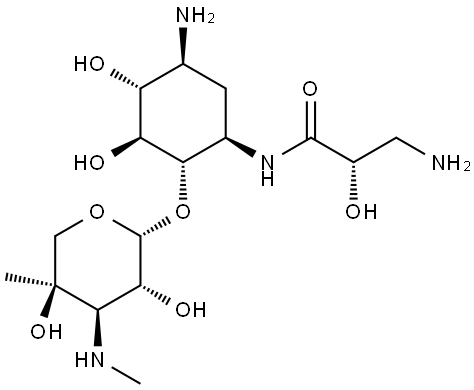 D-Streptamine, N1-[(2S)-3-amino-2-hydroxy-1-oxopropyl]-2-deoxy-6-O-[3-deoxy-4-C-methyl-3-(methylamino)-β-L-arabinopyranosyl]- (9CI) Struktur