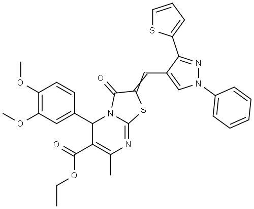 ETHYL (2E)-5-(3,4-DIMETHOXYPHENYL)-7-METHYL-3-OXO-2-{[1-PHENYL-3-(2-THIENYL)-1H-PYRAZOL-4-YL]METHYLENE}-2,3-DIHYDRO-5H-[1,3]THIAZOLO[3,2-A]PYRIMIDINE-6-CARBOXYLATE Struktur