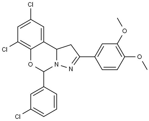 7,9-DICHLORO-5-(3-CHLOROPHENYL)-2-(3,4-DIMETHOXYPHENYL)-1,10B-DIHYDROPYRAZOLO[1,5-C][1,3]BENZOXAZINE Struktur