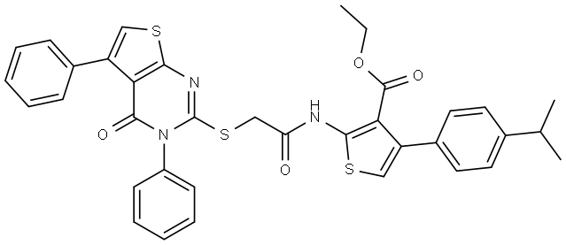 ETHYL 4-(4-ISOPROPYLPHENYL)-2-({[(4-OXO-3,5-DIPHENYL-3,4-DIHYDROTHIENO[2,3-D]PYRIMIDIN-2-YL)SULFANYL]ACETYL}AMINO)-3-THIOPHENECARBOXYLATE Struktur