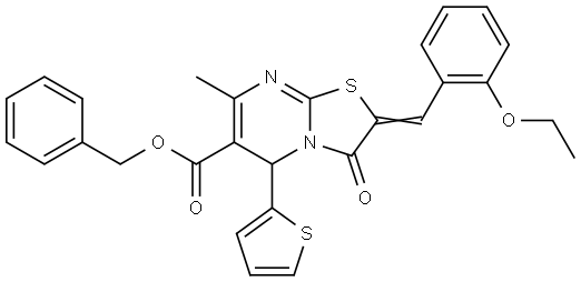 BENZYL (2E)-2-(2-ETHOXYBENZYLIDENE)-7-METHYL-3-OXO-5-(2-THIENYL)-2,3-DIHYDRO-5H-[1,3]THIAZOLO[3,2-A]PYRIMIDINE-6-CARBOXYLATE Struktur