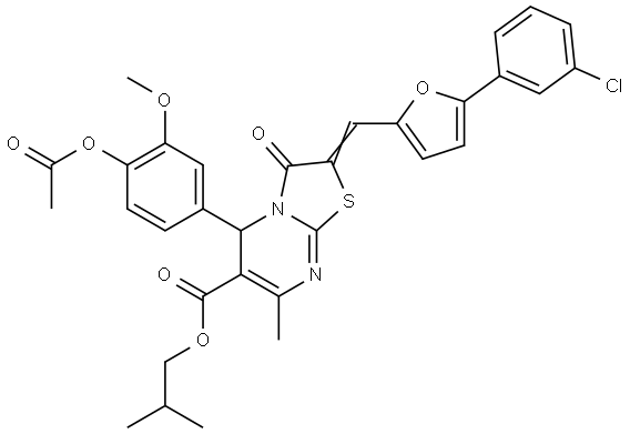 ISOBUTYL (2E)-5-[4-(ACETYLOXY)-3-METHOXYPHENYL]-2-{[5-(3-CHLOROPHENYL)-2-FURYL]METHYLENE}-7-METHYL-3-OXO-2,3-DIHYDRO-5H-[1,3]THIAZOLO[3,2-A]PYRIMIDINE-6-CARBOXYLATE Struktur