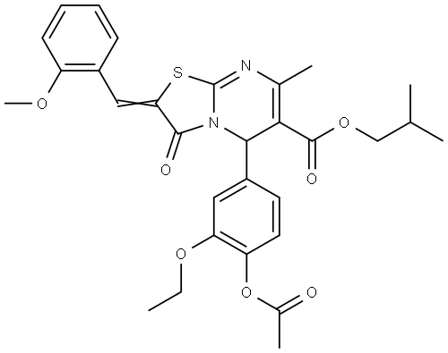 ISOBUTYL (2E)-5-[4-(ACETYLOXY)-3-ETHOXYPHENYL]-2-(2-METHOXYBENZYLIDENE)-7-METHYL-3-OXO-2,3-DIHYDRO-5H-[1,3]THIAZOLO[3,2-A]PYRIMIDINE-6-CARBOXYLATE Struktur