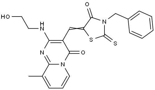 3-[(Z)-(3-BENZYL-4-OXO-2-THIOXO-1,3-THIAZOLIDIN-5-YLIDENE)METHYL]-2-[(2-HYDROXYETHYL)AMINO]-9-METHYL-4H-PYRIDO[1,2-A]PYRIMIDIN-4-ONE Struktur