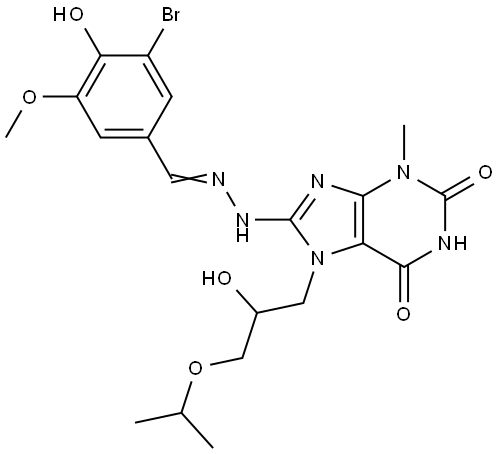 3-BROMO-4-HYDROXY-5-METHOXYBENZALDEHYDE [7-(2-HYDROXY-3-ISOPROPOXYPROPYL)-3-METHYL-2,6-DIOXO-2,3,6,7-TETRAHYDRO-1H-PURIN-8-YL]HYDRAZONE Struktur