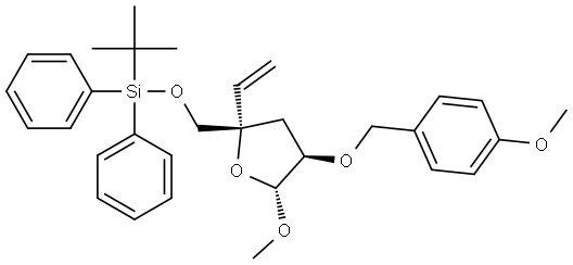 METHYL 5-O-[TERT-BUTYL(DIPHENYL)SILYL]-3-DEOXY-2-O-(4-METHOXYBENZYL)-4-VINYL-ALPHA-L-THREO-PENTOFURANOSIDE Struktur