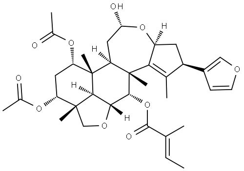 2-Butenoic acid, 2-methyl-, [C(R),2R,3aS,5R,6aR,6bR,7S,9R,9aR,11aR,12S,12aR]-7,9-bis(acetyloxy)-2-(3-furanyl)-3,3a,5,6,6a,6b,7,8,9,9a,10,11a,12,12a-tetradecahydro-5-hydroxy-1,6b,9a,12a-tetramethyl-2H-cyclopenta[b]furo[2',3',4':4,5]naphth[2,1-d]oxepin-12-yl ester, (2E)- Struktur