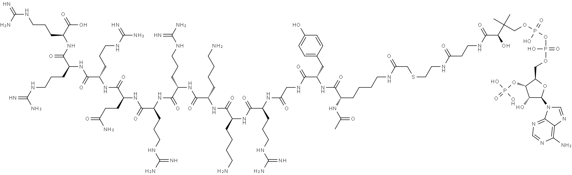 L-Arginine, N2-acetyl-N6-(mercaptoacetyl)-L-lysyl-L-tyrosylglycyl-L-arginyl-L-lysyl-L-lysyl-L-arginyl-L-arginyl-L-glutaminyl-L-arginyl-L-arginyl-, thioether with coenzyme A (9CI) Struktur