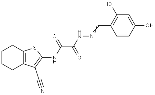 N-(3-CYANO-4,5,6,7-TETRAHYDRO-1-BENZOTHIEN-2-YL)-2-[(2E)-2-(2,4-DIHYDROXYBENZYLIDENE)HYDRAZINO]-2-OXOACETAMIDE Struktur