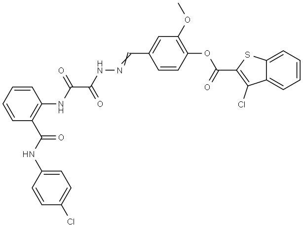 4-((E)-{[{2-[(4-CHLOROANILINO)CARBONYL]ANILINO}(OXO)ACETYL]HYDRAZONO}METHYL)-2-METHOXYPHENYL 3-CHLORO-1-BENZOTHIOPHENE-2-CARBOXYLATE Struktur