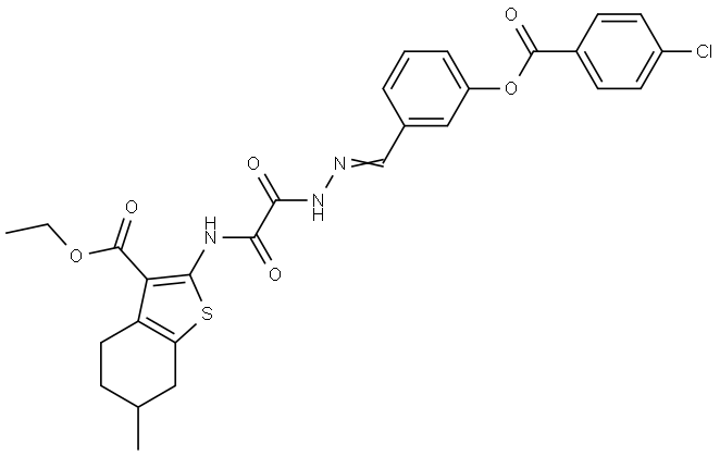 ETHYL 2-{[((2E)-2-{3-[(4-CHLOROBENZOYL)OXY]BENZYLIDENE}HYDRAZINO)(OXO)ACETYL]AMINO}-6-METHYL-4,5,6,7-TETRAHYDRO-1-BENZOTHIOPHENE-3-CARBOXYLATE Struktur