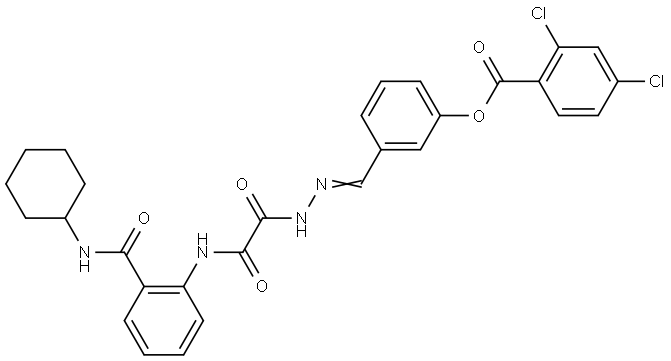 3-{(E)-[2-(2-{2-[(CYCLOHEXYLAMINO)CARBONYL]ANILINO}-2-OXOACETYL)HYDRAZONO]METHYL}PHENYL 2,4-DICHLOROBENZOATE Struktur