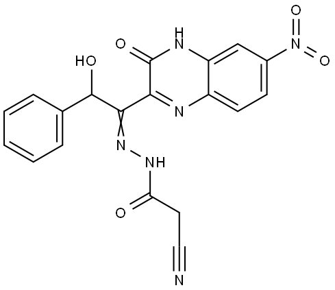 2-CYANO-N'-(2-HO-1-(3-HO-6-NITRO-2-QUINOXALINYL)-2-PH-ETHYLIDENE)ACETOHYDRAZIDE Struktur