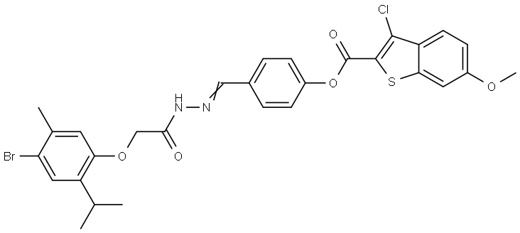 4-((E)-{2-[2-(4-BROMO-2-ISOPROPYL-5-METHYLPHENOXY)ACETYL]HYDRAZONO}METHYL)PHENYL 3-CHLORO-6-METHOXY-1-BENZOTHIOPHENE-2-CARBOXYLATE Struktur