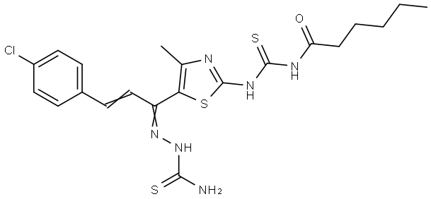 N-{5-[(1E,2E)-N-(AMINOCARBOTHIOYL)-3-(4-CHLOROPHENYL)-2-PROPENEHYDRAZONOYL]-4-METHYL-1,3-THIAZOL-2-YL}-N'-HEXANOYLTHIOUREA Struktur