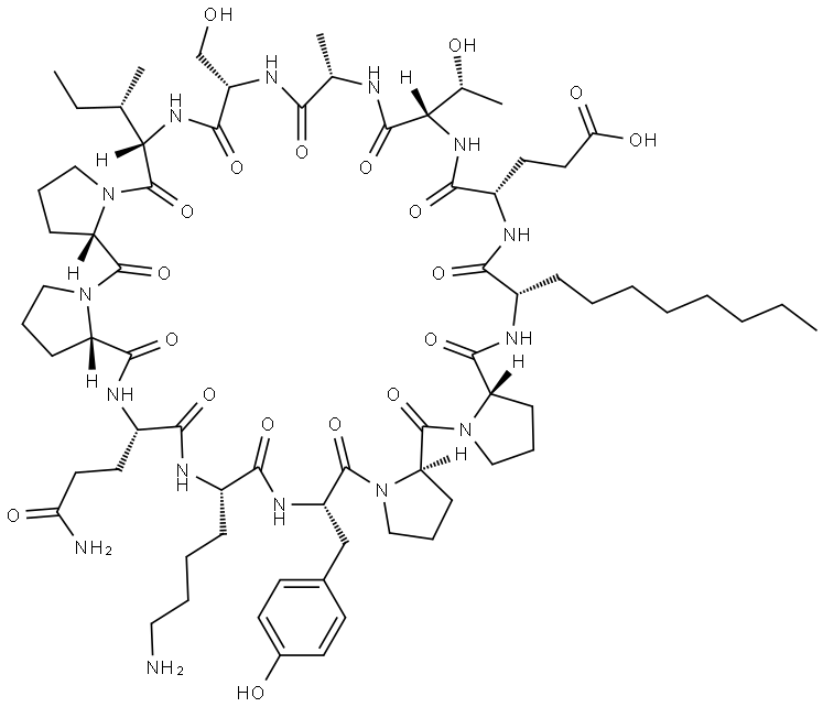 Cyclo[L-alanyl-L-seryl-L-isoleucyl-L-prolyl-L-prolyl-L-glutaminyl-L-lysyl-L-tyrosyl-D-prolyl-L-prolyl-(2S)-2-aminodecanoyl-L-α-glutamyl-L-threonyl] (9CI) Struktur