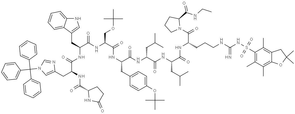 1-9-Luteinizing hormone-releasing factor (swine), 2-[1-(triphenylmethyl)-L-histidine]-4-[O-(1,1-dimethylethyl)-L-serine]-5-[O-(1,1-dimethylethyl)-L-tyrosine]-6-D-leucine-8-[N5-[[[(2,3-dihydro-2,2,4,6,7-pentamethyl-5-benzofuranyl)sulfonyl]amino]iminomethyl]-L-ornithine]-9-(N-ethyl-L-prolinamide)-