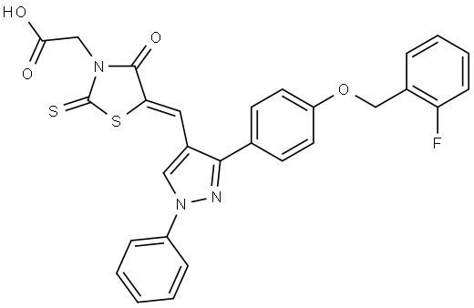 {(5Z)-5-[(3-{4-[(2-FLUOROBENZYL)OXY]PHENYL}-1-PHENYL-1H-PYRAZOL-4-YL)METHYLENE]-4-OXO-2-THIOXO-1,3-THIAZOLIDIN-3-YL}ACETIC ACID Struktur