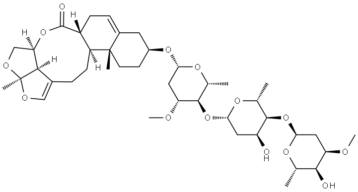 6H-2,3,5-Trioxapentaleno[1′,6′:5,6,7]cyclonona[1,2-a]naphthalen-6-one, 10-[(O-2,6-dideoxy-3-O-methyl-α-L-ribo-hexopyranosyl-(1→4)-O-2,6-dideoxy-β-D-ribo-hexopyranosyl-(1→4)-2,6-dideoxy-3-O-methyl-β-D-arabino-hexopyranosyl)oxy]-2a,4,4a,6a,7,9,10,11,12,12a,12b,13,14,14b-tetradecahydro-2a,12a-dimethyl-, (2aR,4aS,6aR,10S,12aR,12bS,14bR)- Struktur