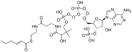 S-[2-[3-[[4-[[[(2R,3S,4R,5R)-5-(6-aminopurin-9-yl)-4-hydroxy-3-phosphonooxyoxolan-2-yl]methoxy-hydroxyphosphoryl]oxy-hydroxyphosphoryl]oxy-2-hydroxy-3,3-dimethylbutanoyl]amino]propanoylamino]ethyl] (E)-hex-2-enethioate Struktur