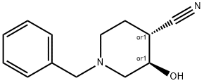 4-Piperidinecarbonitrile, 3-hydroxy-1-(phenylMethyl)-, (3R,4R)-rel- Struktur