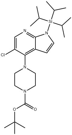 TERT-BUTYL4-(5-CHLORO-1-(TRIISOPROPYLSILYL)-1H-PYRROLO[2,3-B]PYRIDIN-4-YL)PIPERAZINE-1-CARBOXYLATE Struktur