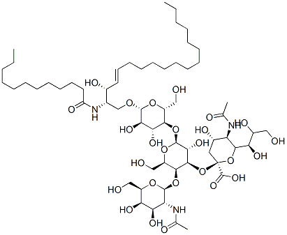 (2S,4S,5R)-2-((2S,3R,4R,5S,6R)-2-((2R,3S,4R,5R,6R)-6-((2S,3R,E)-2-dodecanamido-3-hydroxyoctadec-4-enyloxy)-4,5-dihydroxy-2-(hydroxymethyl)tetrahydro-2H-pyran-3-yloxy)-5-((2S,3R,4R,5R,6R)-3-ethanamido-4,5-dihydroxy-6-(hydroxymethyl)tetrahydro-2H-pyran-2-yloxy)-3-hydroxy-6-(hydroxymethyl)tetrahydro-2H-pyran-4-yloxy)-5-ethanamido-4-hydroxy-6-((1R,2R)-1,2,3-trihydroxypropyl)tetrahydro-2H-pyran-2-carboxylic acid Struktur