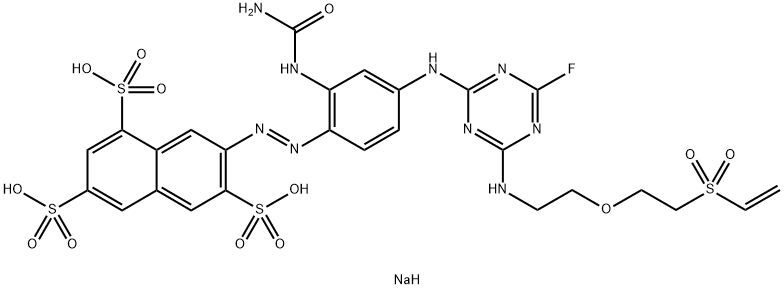 1,3,6-Naphthalenetrisulfonic acid, 7-2-(aminocarbonyl)amino-4-4-2-2-(ethenylsulfonyl)ethoxyethylamino-6-fluoro-1,3,5-triazin-2-ylaminophenylazo-, trisodium salt Struktur