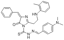 1H-Imidazole-1-carbothioic acid, 4,5-dihydro-2-(2-((2-methylphenyl)ami no)ethyl)-5-oxo-4-(phenylmethylene)-, ((4-(dimethylamino)phenyl)methyl ene)hydrazide Struktur