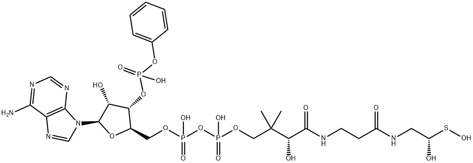 [(2R,3R,4R,5R)-5-(6-aminopurin-9-yl)-4-hydroxy-2-[[hydroxy-[hydroxy-[3-hydroxy-3-[2-[2-[2-(4-hydroxyphenyl)acetyl]sulfanylethylcarbamoyl]ethylcarbamoyl]-2,2-dimethyl-propoxy]phosphoryl]oxy-phosphoryl]oxymethyl]oxolan-3-yl]oxyphosphonic acid Struktur