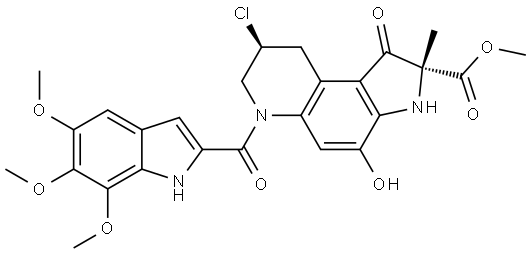 1H-Pyrrolo3,2-fquinoline-2-carboxylic acid, 8-chloro-2,3,6,7,8,9-hexahydro-4-hydroxy-2-methyl-1-oxo-6-(5,6,7-trimethoxy-1H-indol-2-yl)carbonyl-, methyl ester, (2R,8S)- Struktur