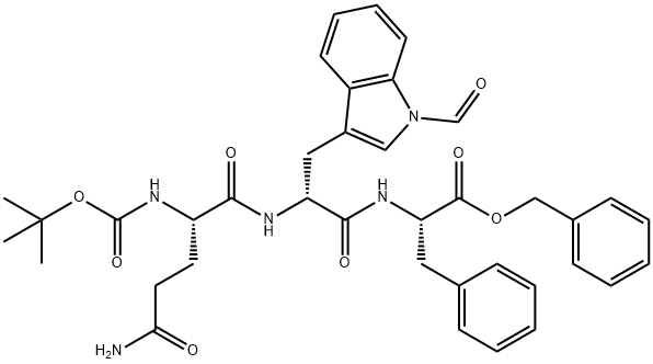 N(alpha)-(N(alpha)-(N(alpha)-(tert-butyloxycarbonyl)glutaminyl)-N(1)-formyl-tryptophyl)phenylalanine benzyl ester Struktur